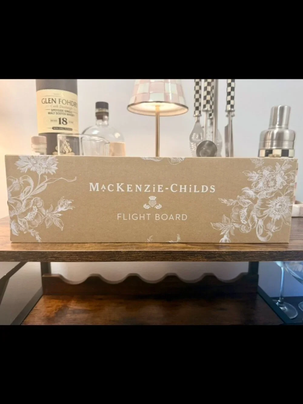 NEW NIB - MacKenzie Childs - Black & White Courtly Check Flight Board w. 4 Shots